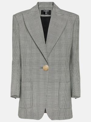 Клетчатый шерстяной пиджак Balmain серый