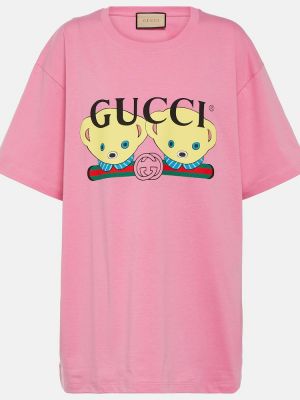 Памучна тениска с принт от джърси Gucci розово