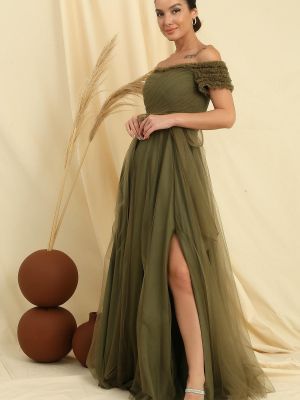 Sukienka długa z falbankami tiulowa By Saygı khaki