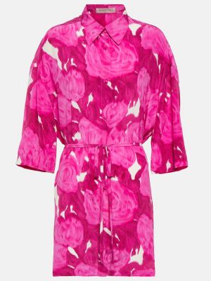 Шелковое платье-рубашка в цветочек с принтом Valentino розовое