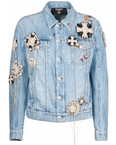 Bavlněná džínová bunda s výšivkou Balmain modrá