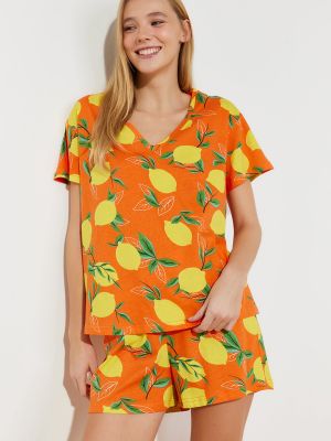 Kootud puuvillased pidžaama Trendyol oranž