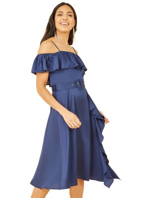 Атласное платье мини с рюшами Yumi синее