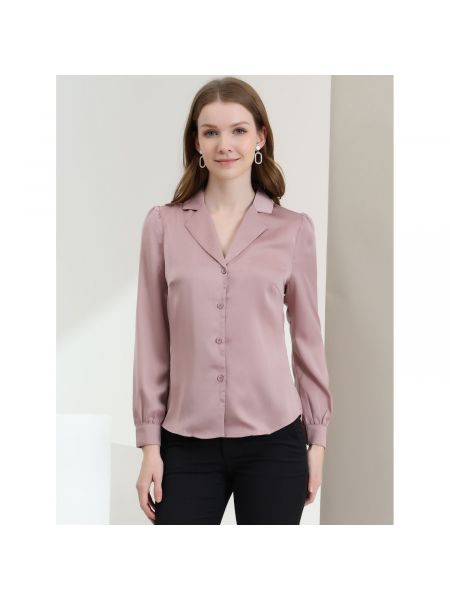 Атласная блузка с воротником на пуговицах с длинным рукавом Allegra K розовая
