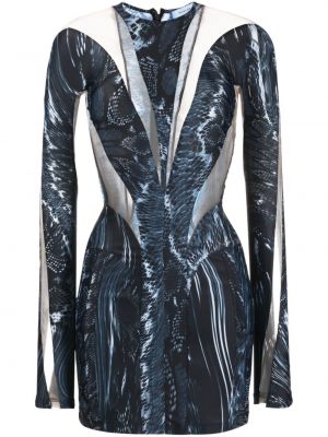 Modré průsvitné koktejlové šaty s potiskem s abstraktním vzorem Mugler