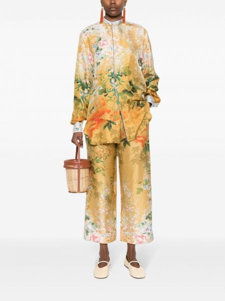 Květinové hedvábné rovné kalhoty s potiskem Pierre-louis Mascia žluté