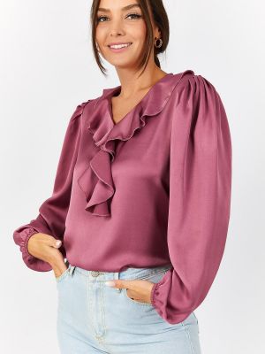 Satynowa bluzka bawełniana z falbankami Armonika różowa