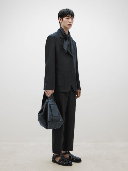 Льняной пиджак на пуговицах Massimo Dutti черный