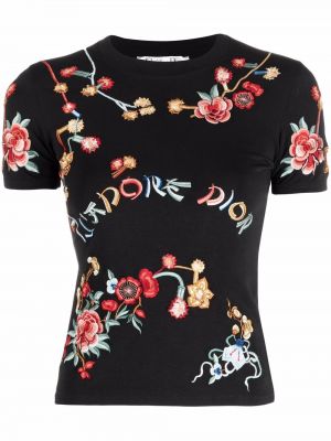 Koszulka w kwiatki z nadrukiem Christian Dior czarna