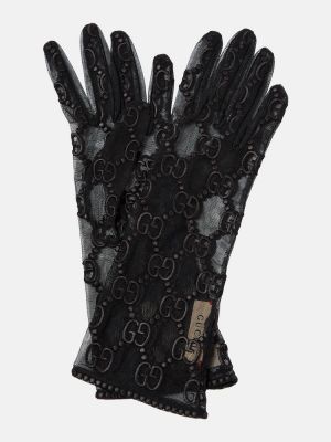 Tylové rukavice s výšivkou Gucci Černé