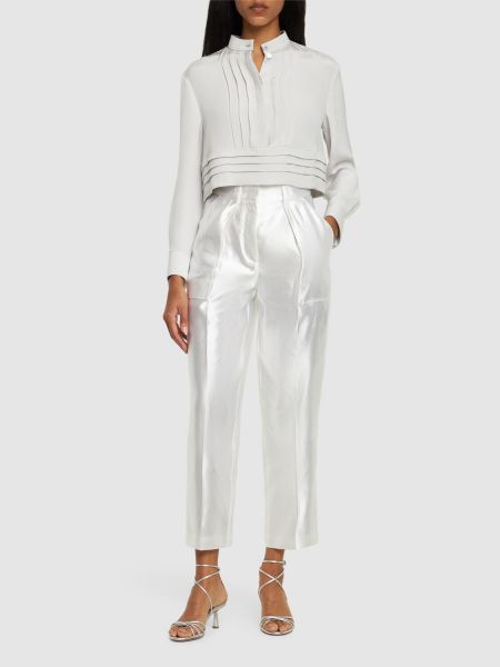 Hedvábné lněné rovné kalhoty s vysokým pasem Giorgio Armani bílé
