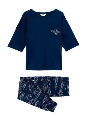 Womens M&S Collection Pure Cotton Printed Pyjama Set - Blue Mix, Blue Mix M&s Collection
