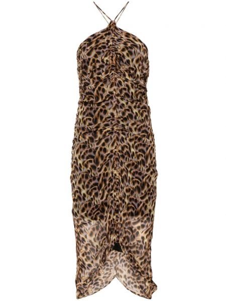 Sukienka midi z nadrukiem w panterkę z krepy Marant Etoile brązowa