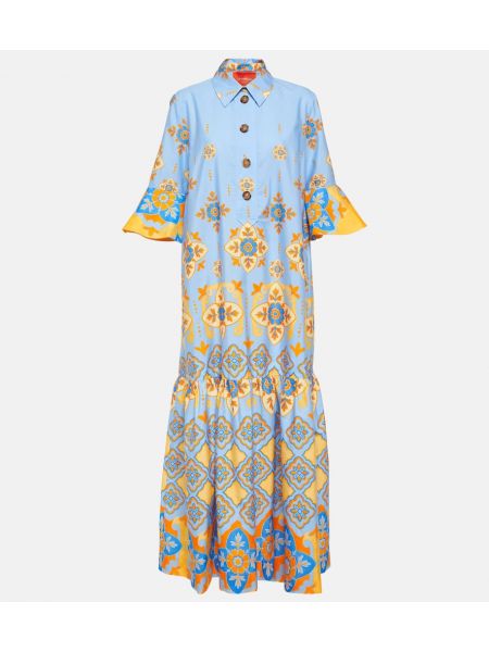 Hodvábne dlouhé šaty s potlačou s volánmi La Doublej modrá