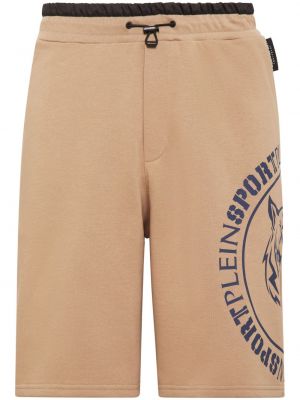 Tigrované bavlnené športové šortky s potlačou Plein Sport béžová