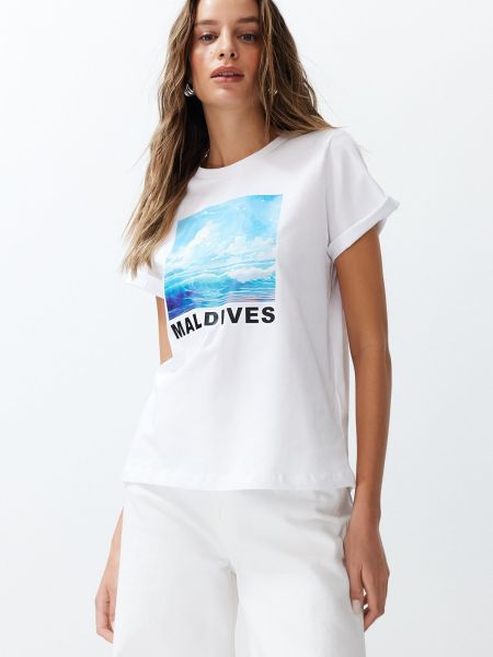 Πλεκτή βαμβακερή βασικό μπλουζάκι με σχέδιο Trendyol λευκό