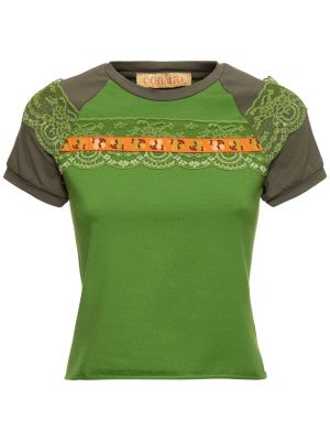 Čipkované džerzej bavlnené tričko Cormio zelená