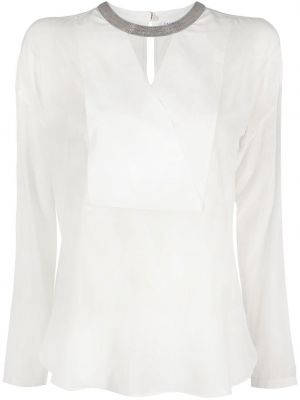 Krystaller silke krage bluse Brunello Cucinelli hvit