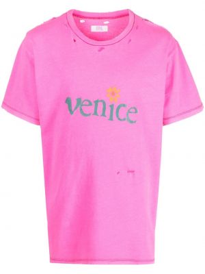 T-shirt avec imprimé slogan déchiré à imprimé Erl rose