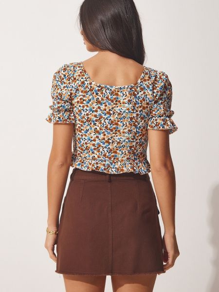 Короткая блузка в цветочек с принтом Happiness Istanbul коричневая