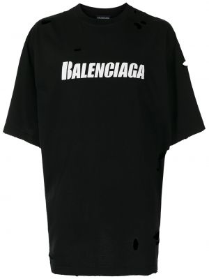 Тениска с разкъсвания с принт черно Balenciaga