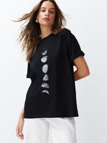 Oversized βαμβακερή μπλούζα με σχέδιο Trendyol μαύρο