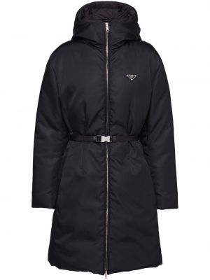 Pérový nylonový kabát s kapucňou Prada čierna