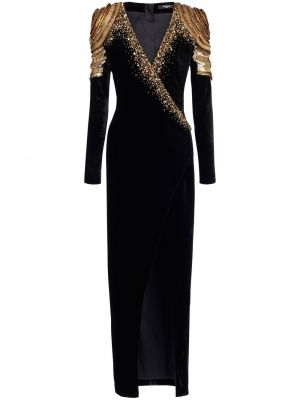 Hedvábné večerní šaty s flitry na zip Balmain - černá
