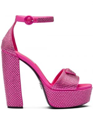 Сатенени сандали на платформе с шипове Prada розово