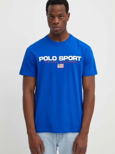 Polo bawełniana z nadrukiem Polo Sport niebieska
