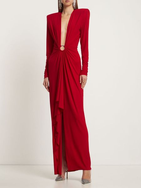 Sukienka długa z dekoltem w serek z dżerseju drapowana Alexandre Vauthier czerwona