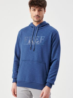 Raštuotas medvilninis džemperis su gobtuvu slim fit Altinyildiz Classics mėlyna