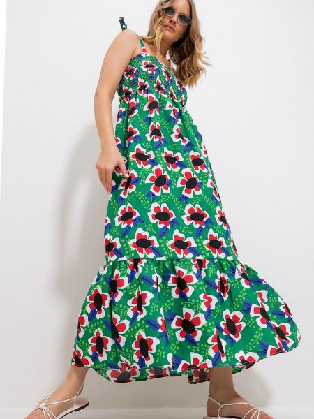 Pletena obleka s cvetličnim vzorcem Trend Alaçatı Stili zelena