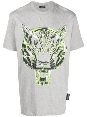 Medvilninis sportiniai marškinėliai su tigro raštu Plein Sport pilka