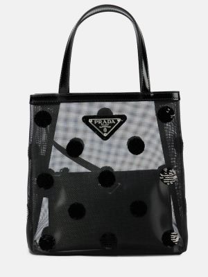 Kožená nákupná taška so sieťovinou Prada čierna