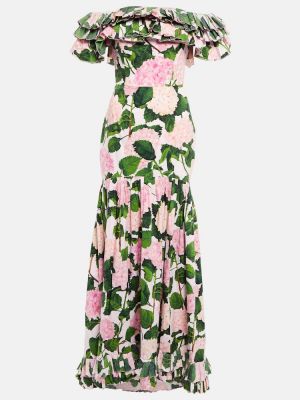 Sukienka długa w kwiatki z falbankami Oscar De La Renta różowa