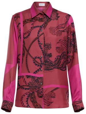 Копринена риза с принт Ferragamo розово