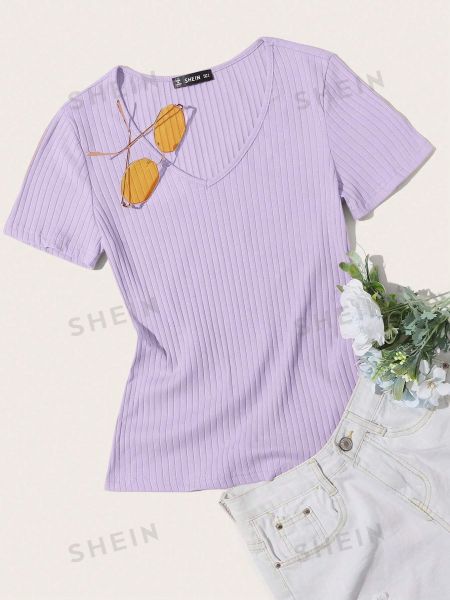 Однотонная трикотажная футболка с коротким рукавом Shein фиолетовая