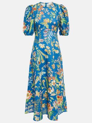 Květinové lněné midi šaty Alã©mais modré