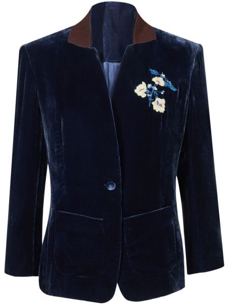 Blazer long brodé en velours Shanghai Tang bleu