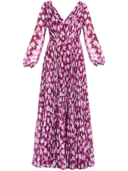Πλισέ φλοράλ βραδινό φόρεμα με σχέδιο Monique Lhuillier ροζ