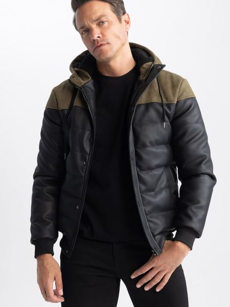 Куртка с капюшоном из искусственной кожи Defacto черная