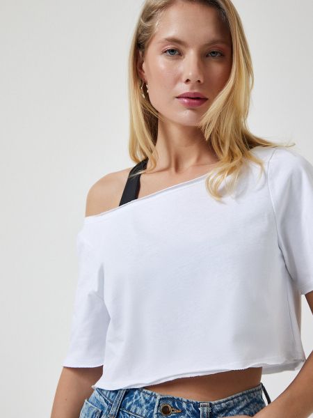Pletené tričko s lodičkovým výstrihom Happiness İstanbul biela