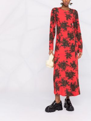 Vestido midi de flores con estampado Ganni rojo