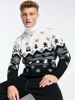 Рождественский длинный свитер с потертостями с высоким воротником Threadbare черный