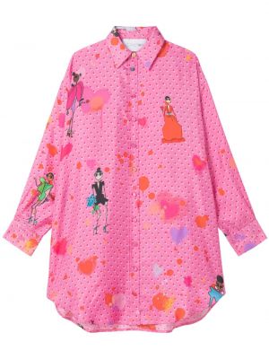 Копринена рокля тип риза с принт Az Factory розово