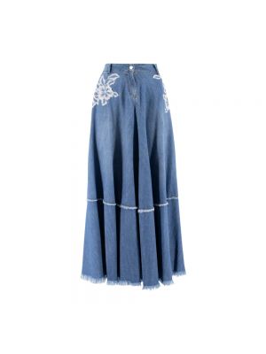 Haftowana spódnica jeansowa z frędzli Ermanno Scervino niebieska