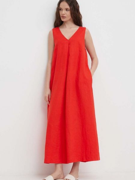 Lniana sukienka długa United Colors Of Benetton czerwona