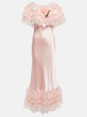 Копринена сатенена макси рокля с волани Rodarte розово