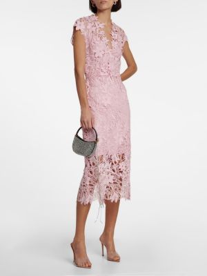 Midi haljina s cvjetnim printom s čipkom Monique Lhuillier ružičasta
